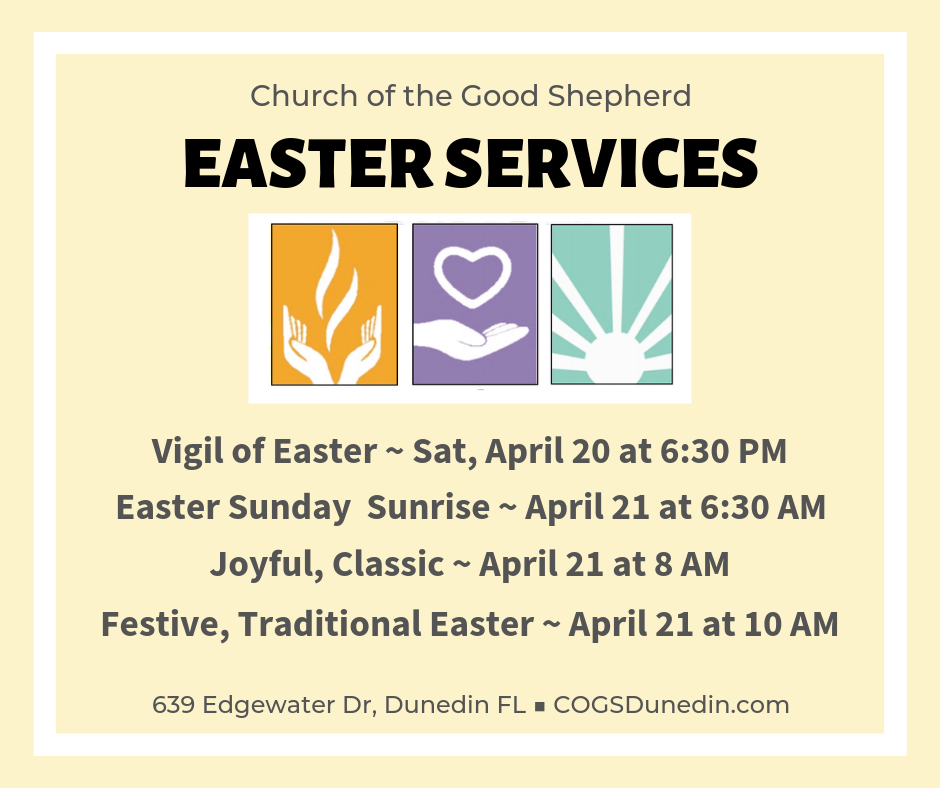 Easter Sunday Services at 6:30 AM, 8 AM, ad 10 AM. Egg hunt to follow 10 AM service on the playground.